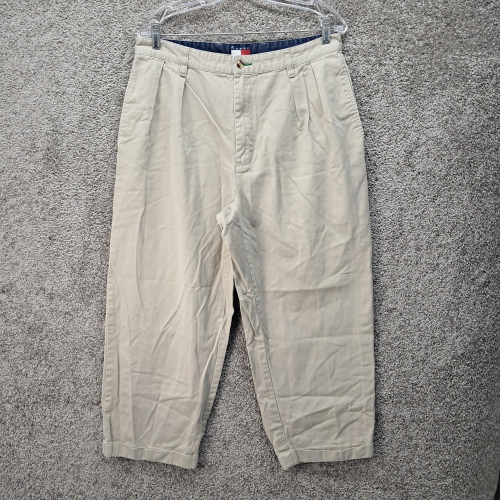 Tommy Hilfiger Mens Pleated Chino Pants Khaki Tan Cotton 34x32 6936